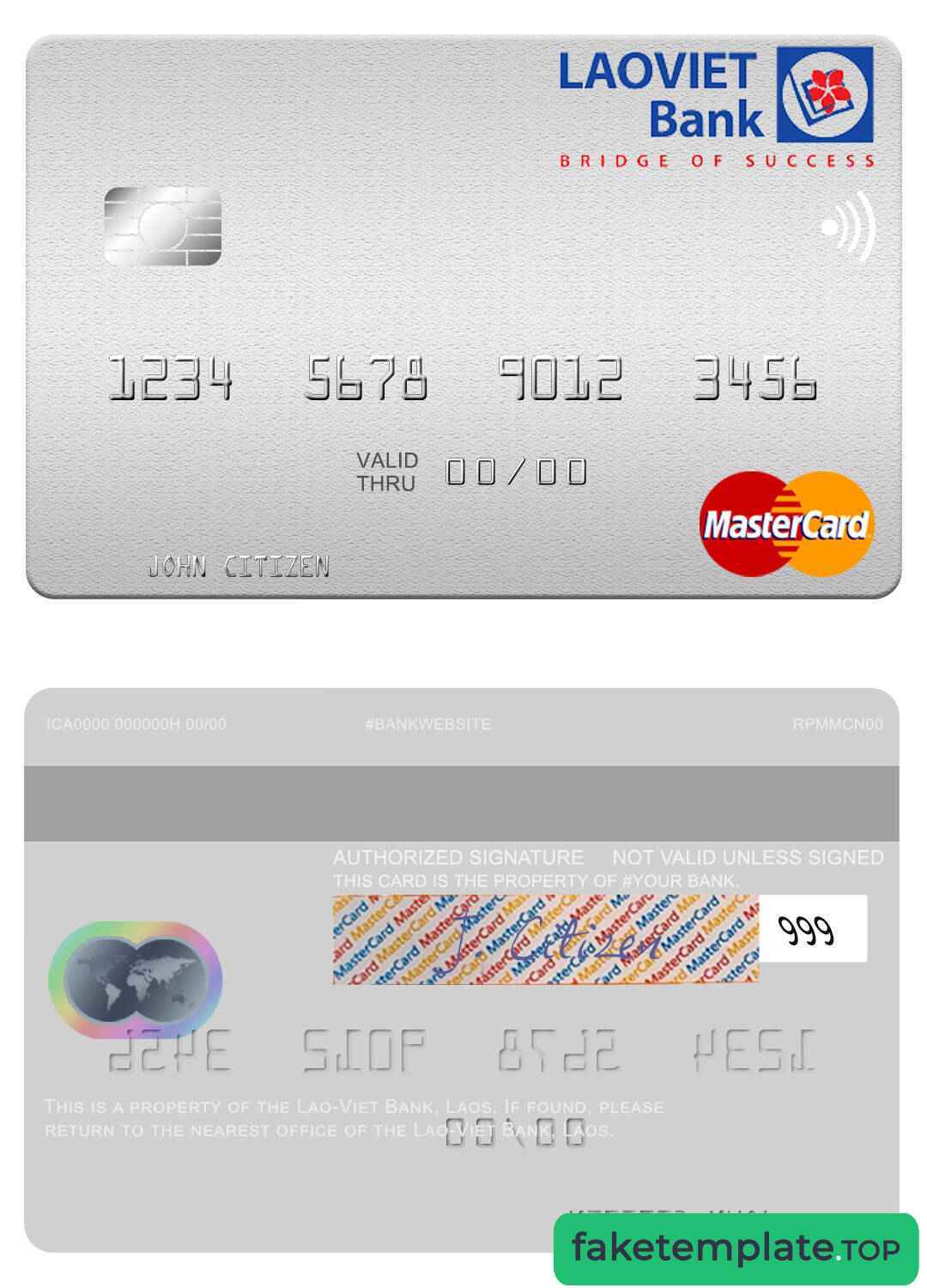 Feature of fake Laos Lao-Viet Bank mastercard example